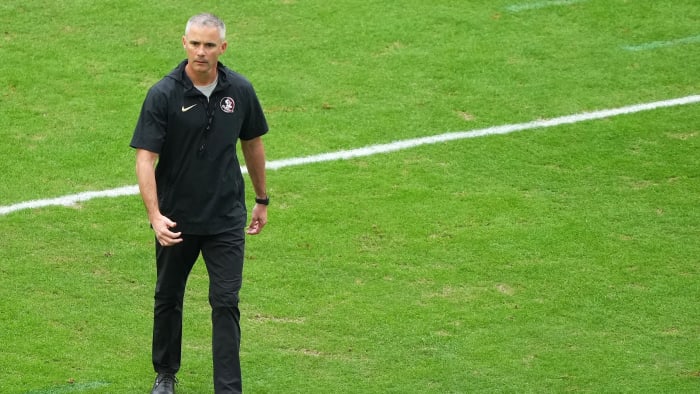 Dec 30, 2023; Miami Gardens, FL, USA; Florida State Seminoles head coach Mike Norvell before the
