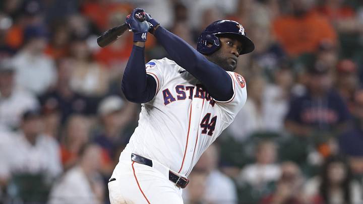 May 30, 2026; Houston, Texas, USA; Houston Astros designated hitter Yordan Alvarez (44) hits a single during the sixth inning against the Milwaukee Brewers at Daikin Park. Mandatory Credit: Troy Taormina-Imagn Images