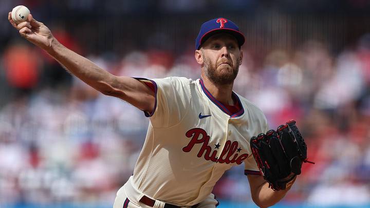 Aug 2, 2025; Philadelphia, Pennsylvania, USA; Philadelphia Phillies pitcher Zack Wheeler (45) throws a pitch against the Detroit Tigers during the first inning at Citizens Bank Park. Mandatory Credit: Bill Streicher-Imagn Images