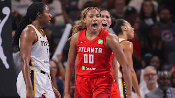 Atlanta Dream forward Naz Hillmon (00) reacts after a basket against the Indiana Fever in the fourth quarter during game one of round one for the 2025 WNBA Playoffs at Gateway Center Arena at College Park. 