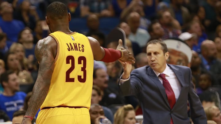 Dec 11, 2015; Orlando, FL, USA; Cleveland Cavaliers forward LeBron James (23) high fives head coach David Blatt (R) against the Orlando Magic during the second half at Amway Center. The Cavaliers won 111-76. Mandatory Credit: Kim Klement-USA TODAY Sports