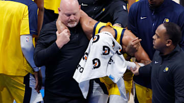 Indiana Pacers guard Tyrese Haliburton after an injury against the Oklahoma City Thunder during the 2025 NBA Finals