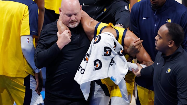 Indiana Pacers guard Tyrese Haliburton after an injury against the Oklahoma City Thunder during the 2025 NBA Finals