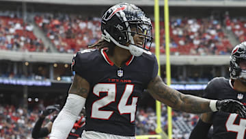 Aug 17, 2024; Houston, Texas, USA; Houston Texans cornerback Derek Stingley Jr. (24) celebrates after an interception during the first quarter against the New York Giants at NRG Stadium. Mandatory Credit: Troy Taormina-Imagn Images