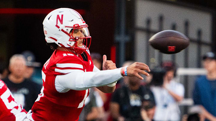 Sep 7, 2024; Lincoln, Nebraska, USA; Nebraska Cornhuskers quarterback Dylan Raiola (15) passes against the Colorado Buffaloes during the second quarter at Memorial Stadium. Mandatory Credit: Dylan Widger-Imagn Images