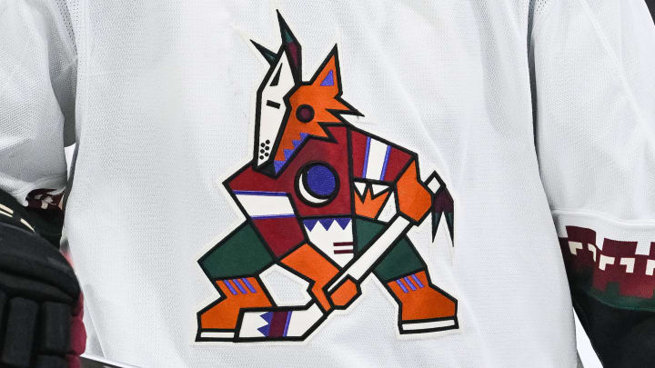 Feb 27, 2024; Montreal, Quebec, CAN; View of a against the Arizona Coyotes logo on a jersey worn by a member of the team against the Montreal Canadiens during the second period at Bell Centre.