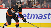 Oct 31, 2024; Philadelphia, Pennsylvania, USA; Philadelphia Flyers center Morgan Frost (48) against the St. Louis Blues at Wells Fargo Center. Mandatory Credit: Eric Hartline-Imagn Images