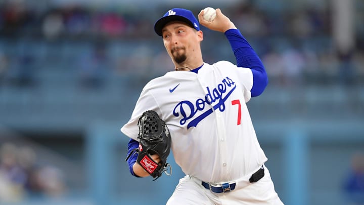Apr 2, 2025; Los Angeles, California, USA; Los Angeles Dodgers pitcher Blake Snell (7) throws during the third inning against the Atlanta Braves at Dodger Stadium. Mandatory Credit: Gary A. Vasquez-Imagn Images