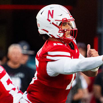 Sep 7, 2024; Lincoln, Nebraska, USA; Nebraska Cornhuskers quarterback Dylan Raiola (15) passes against the Colorado Buffaloes during the second quarter at Memorial Stadium. 