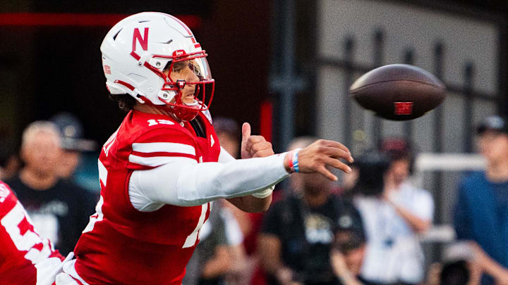 Sep 7, 2024; Lincoln, Nebraska, USA; Nebraska Cornhuskers quarterback Dylan Raiola (15) passes against the Colorado Buffaloes during the second quarter at Memorial Stadium. 