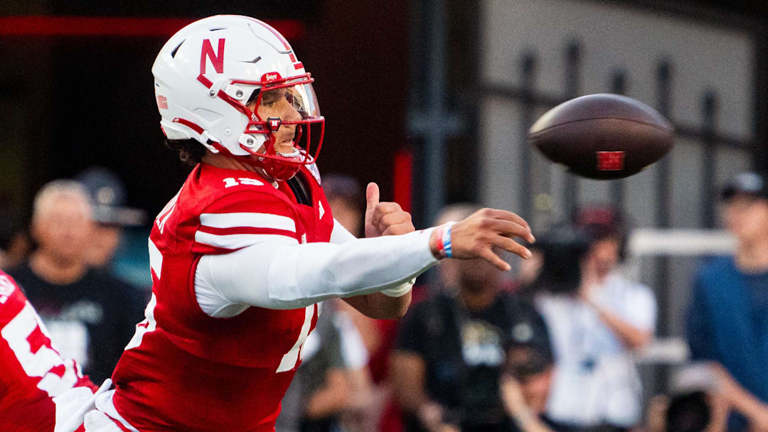 Sep 7, 2024; Lincoln, Nebraska, USA; Nebraska Cornhuskers quarterback Dylan Raiola (15) passes against the Colorado Buffaloes during the second quarter at Memorial Stadium.