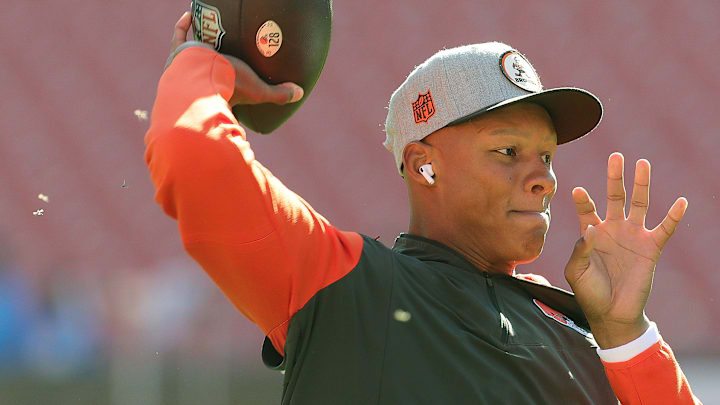 Browns quarterback Josh Dobbs warms up before playing the Los Angeles Chargers on Sunday, Oct. 9, 2022 in Cleveland.