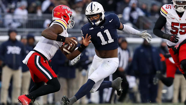 Nov 30, 2024; University Park, Pennsylvania, USA; (Editors Notes: Caption Correction) Penn State Nittany Lions defensive end 