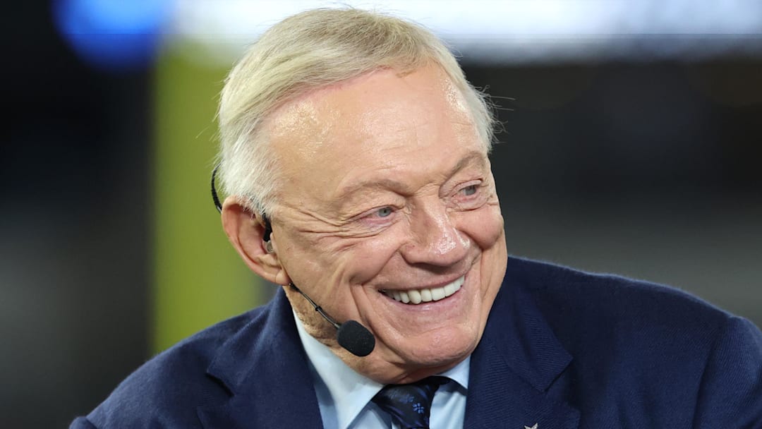 Nov 3, 2025; Arlington, Texas, USA; Dallas Cowboys owner Jerry Jones talks before the game against the Arizona Cardinals at AT&T Stadium. Mandatory Credit: Kevin Jairaj-Imagn Images