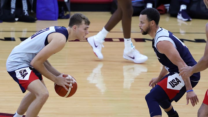 2024 USAB Men's Training Camp in Las Vegas; Duke basketball forward Cooper Flagg battles against Steph Curry