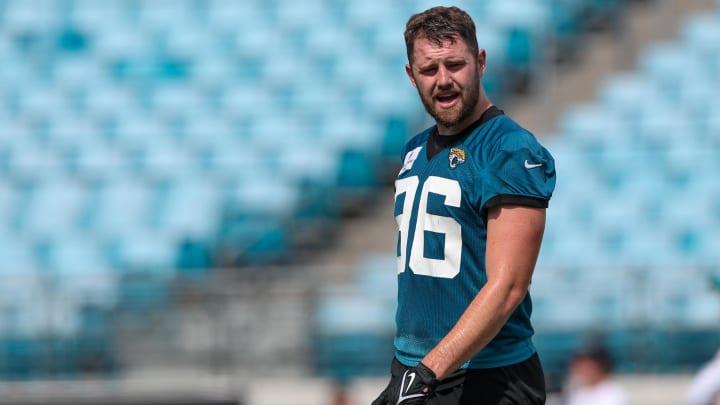 Jun 14, 2023; Jacksonville, Florida, USA;  Jacksonville Jaguars tight end Gerrit Prince (86) participates in minicamp at TIAA Bank Field. Mandatory Credit: Nathan Ray Seebeck-USA TODAY Sports