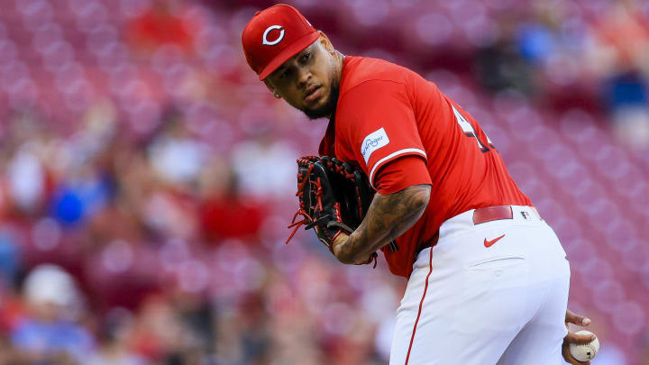 Jul 10, 2024; Cincinnati, Ohio, USA; Cincinnati Reds starting pitcher Frankie Montas (47) prepares to pitch in the second inning against the Colorado Rockies at Great American Ball Park. Mandatory Credit: Katie Stratman-USA TODAY Sports