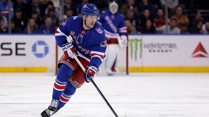 Mar 27, 2026; New York, New York, USA; New York Rangers left wing Alexis Lafreniere (13) brings the puck up ice against the Chicago Blackhawks during the second period at Madison Square Garden. Mandatory Credit: Brad Penner-Imagn Images Mar 27, 2026; New York, New York, USA; New York Rangers left wing Alexis Lafreniere (13) brings the puck up ice against the Chicago Blackhawks during the second period at Madison Square Garden. Mandatory Credit: Brad Penner-Imagn Images