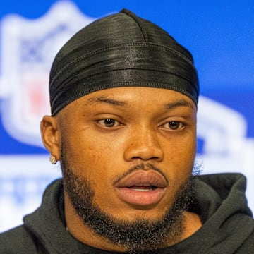Mar 1, 2024; Indianapolis, IN, USA; Oregon wide receiver Troy Franklin (WO08) talks to the media during the 2024 NFL Combine at Lucas Oil Stadium. Mandatory Credit: Trevor Ruszkowski-Imagn Images