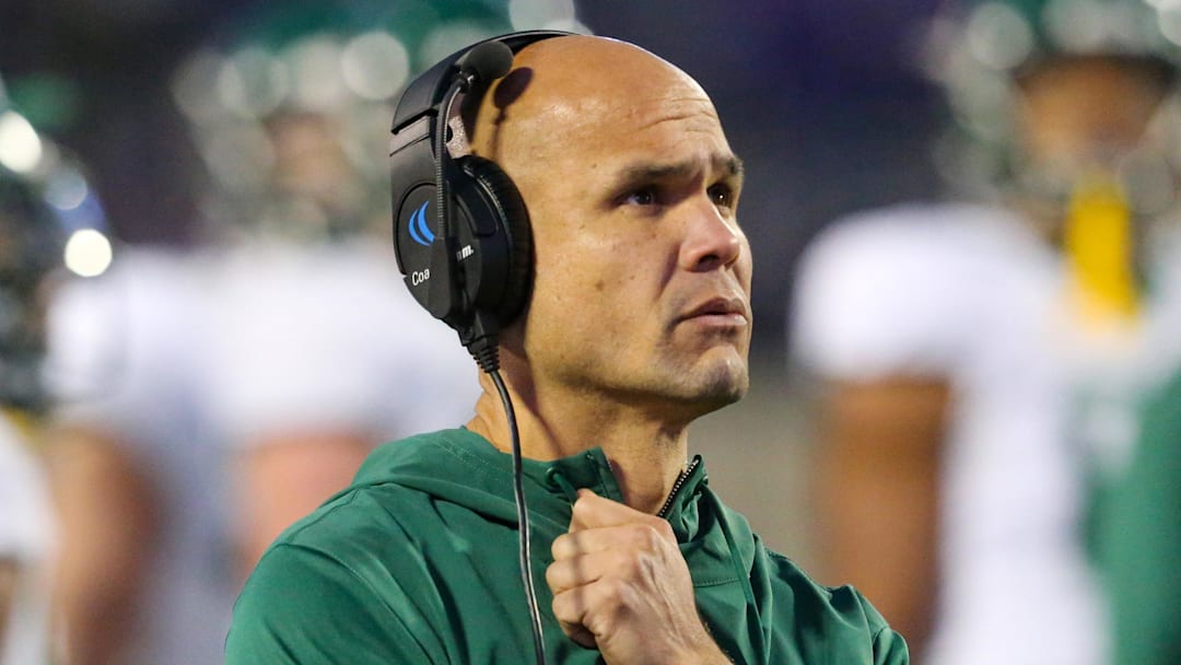 Nov 11, 2023; Manhattan, Kansas, USA; Baylor Bears head coach Dave Aranda looks on during the fourth quarter against the Kansas State Wildcats at Bill Snyder Family Football Stadium. Mandatory Credit: Scott Sewell-Imagn Images