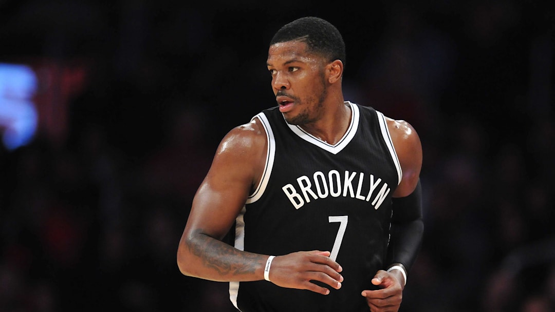 February 20, 2015; Los Angeles, CA, USA; Brooklyn Nets forward Joe Johnson (7) against the Los Angeles Lakers during the second half at Staples Center. Mandatory Credit: Gary A. Vasquez-Imagn Images
