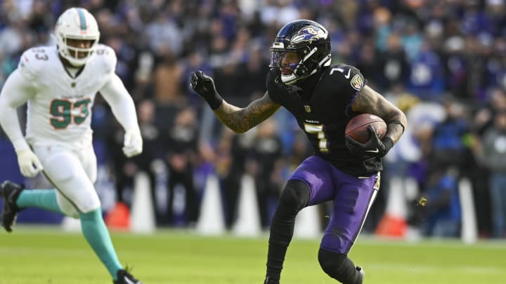 Dec 31, 2023; Baltimore, Maryland, USA; Baltimore Ravens wide receiver Rashod Bateman (7) runs after the catch during the first quarter  against the Miami Dolphins at M&T Bank Stadium. Mandatory Credit: Tommy Gilligan-USA TODAY Sports