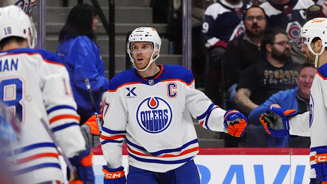 Edmonton Oilers center Connor McDavid (97) celebrates his go ahead goal in the third period against the Colorado Avalanche at Ball Arena.