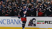 Mar 28, 2025; Columbus, Ohio, USA; Columbus Blue Jackets defenseman Dante Fabbro (15) celebrates his goal against the Vancouver Canucks during the second period at Nationwide Arena. Mandatory Credit: Russell LaBounty-Imagn Images
