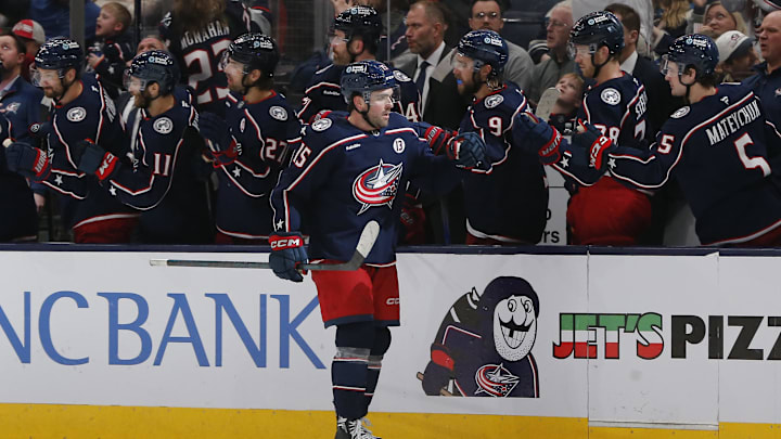 Mar 28, 2025; Columbus, Ohio, USA; Columbus Blue Jackets defenseman Dante Fabbro (15) celebrates his goal against the Vancouver Canucks during the second period at Nationwide Arena. Mandatory Credit: Russell LaBounty-Imagn Images