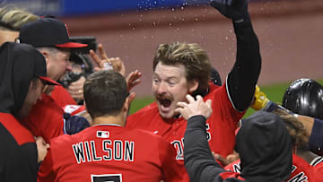 Apr 29, 2025; Cleveland, Ohio, USA; Cleveland Guardians designated hitter Kyle Manzardo (9) celebrates his game-winning solo home run in the ninth inning against the Minnesota Twins at Progressive Field. Mandatory Credit: David Richard-Imagn Images
