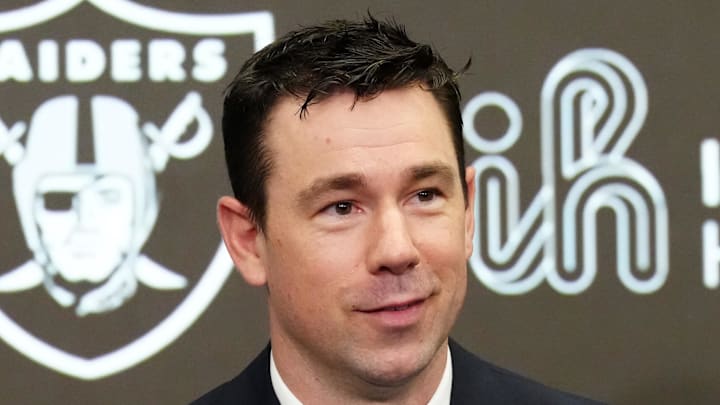 Feb 10, 2026; Henderson, NV, USA; Las Vegas Raiders coach Klint Kubiak speaks at introductory press conference at Intermountain Health Performance Center. Mandatory Credit: Kirby Lee-Imagn Images