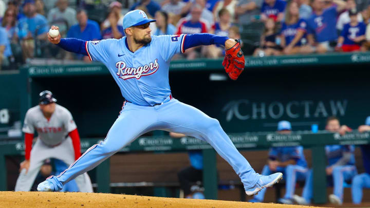 Aug 4, 2024; Arlington, Texas, USA; Texas Rangers starting pitcher Nathan Eovaldi (17) throws during the first inning against the Boston Red Sox at Globe Life Field. Mandatory Credit: Kevin Jairaj-USA TODAY Sports