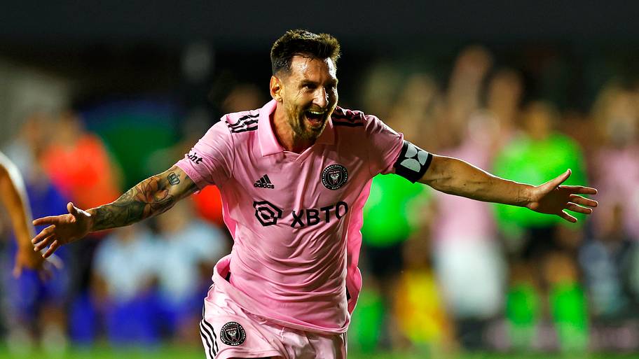 Lionel Messi celebrating his first goal for Inter Miami. 