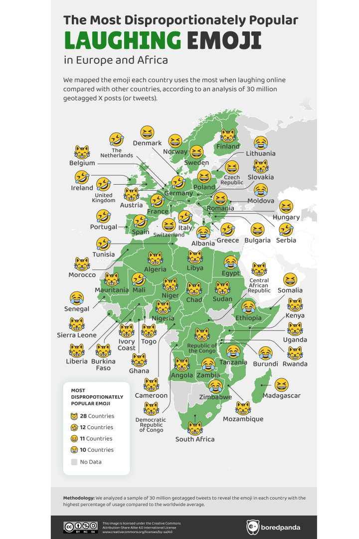 Map showing laughing emojis used in Europe and Africa