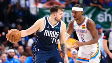 Dallas Mavericks guard Luka Doncic (77) controls the ball.