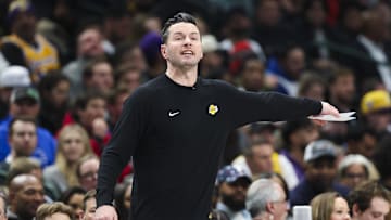 Jan 7, 2025; Dallas, Texas, USA;  Los Angeles Lakers head coach JJ Redick reacts during the game against the Dallas Mavericks at American Airlines Center. Mandatory Credit: Kevin Jairaj-Imagn Images