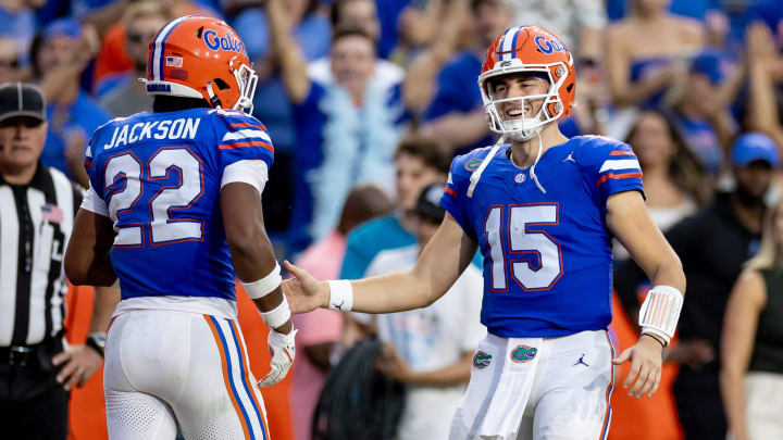 Florida Gators quarterback Graham Mertz (15) and Florida Gators wide receiver Kahleil Jackson (22) will be a big part of the 2024 season.