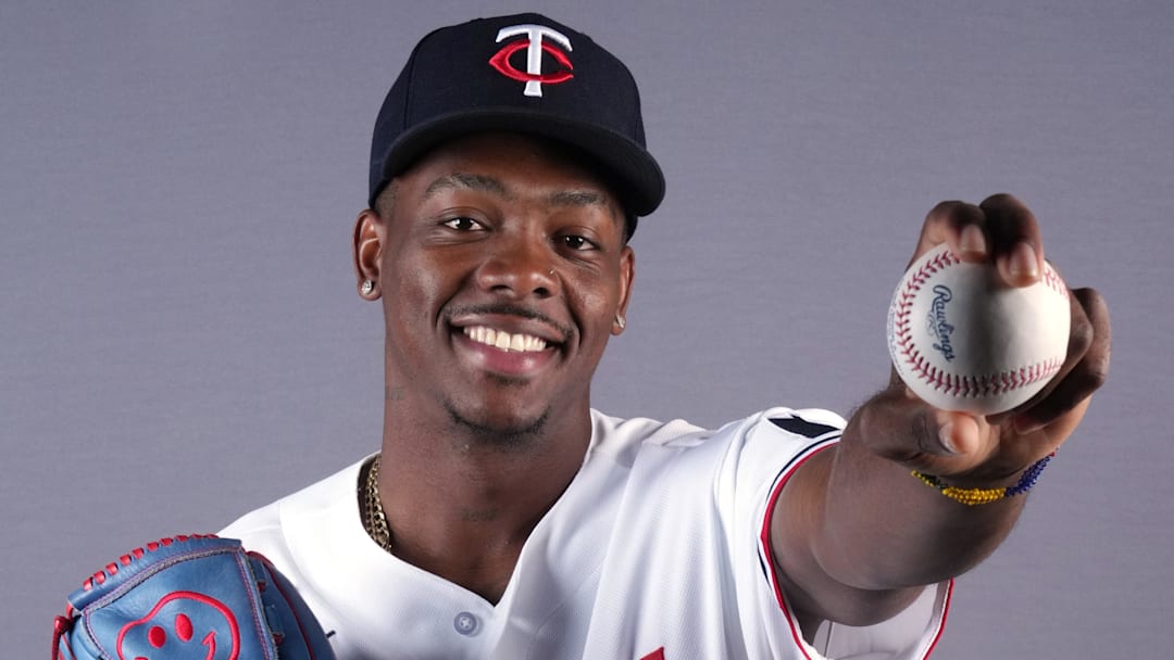 Feb 19, 2026; Lee County, FL, USA;  Minnesota Twins pitcher Kendry Rojas (60) poses during photo day at Hammond Stadium. Mandatory Credit: Jim Rassol-Imagn Images