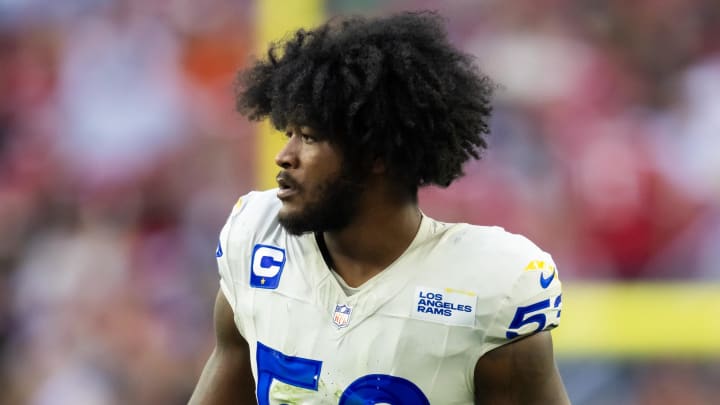 Nov 26, 2023; Glendale, Arizona, USA; Los Angeles Rams linebacker Ernest Jones (53) against the Arizona Cardinals at State Farm Stadium. Mandatory Credit: Mark J. Rebilas-USA TODAY Sports