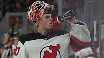 New Jersey Devils goaltender Nico Daws (50). Mandatory Credit: Charles LeClaire-Imagn Images