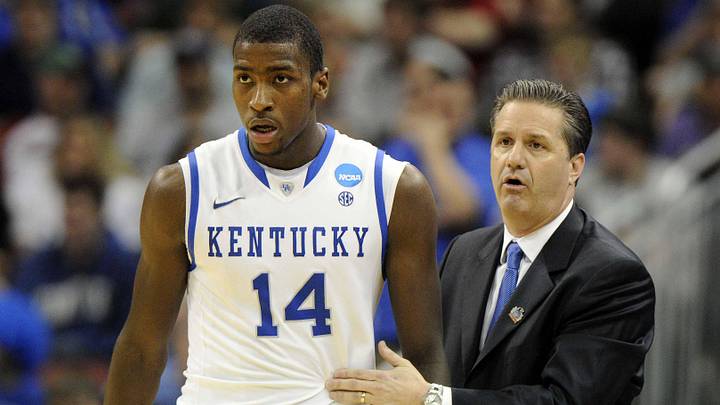 Mar 17, 2012; Louisville, KY, USA; Kentucky Wildcats head coach John Calipari talks with forward Michael Kidd-Gilchrist (14) during the first half in the third round of the 2012 NCAA men's basketball tournament at the KFC Yum! Center.  Kentucky defeated Iowa State 87-71.  Mandatory Credit: Jamie Rhodes-Imagn Images