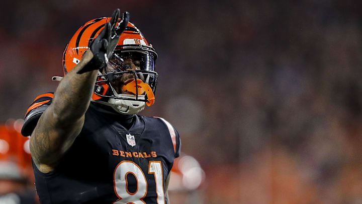 Nov 5, 2023; Cincinnati, Ohio, USA; Cincinnati Bengals tight end Irv Smith Jr. (81) reacts after advancing the ball against the Buffalo Bills in the first half at Paycor Stadium. Mandatory Credit: Katie Stratman-Imagn Images