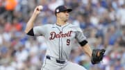 Jul 19, 2024; Toronto, Ontario, CAN; Detroit Tigers starting pitcher Jack Flaherty (9) pitches to the Toronto Blue Jays during the first inning at Rogers Centre.