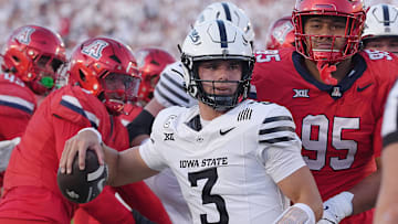 Iowa State Cyclones' quarterback Rocco Becht (3) celebrates after score a touchdown against Arizona during the first quarter in the Big-12 conference showdown on Sept. 27, 2025, at Jack Trice Stadium in Ames, Iowa.