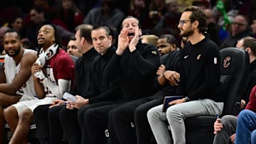 Feb 2, 2025; Cleveland, Ohio, USA; Cleveland Cavaliers head coach Kenny Atkinson calls out to his team during the second half against the Dallas Mavericks at Rocket Mortgage FieldHouse. Mandatory Credit: Ken Blaze-Imagn Images