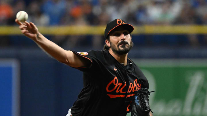 Aug 9, 2024; St. Petersburg, Florida, USA; Baltimore Orioles starting pitcher Zach Eflin (24) throws a pitch in the first inning against the Tampa Bay Rays at Tropicana Field. Mandatory Credit: Jonathan Dyer-USA TODAY Sports