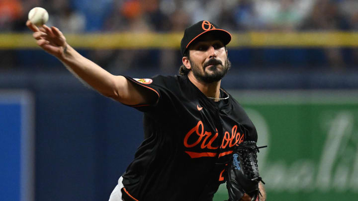 Aug 9, 2024; St. Petersburg, Florida, USA; Baltimore Orioles starting pitcher Zach Eflin throws a pitch.