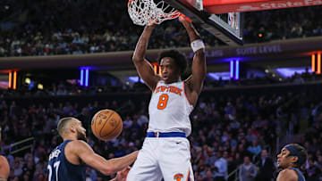 Jan 1, 2024; New York, New York, USA;  New York Knicks forward OG Anunoby (8) at Madison Square Garden. Mandatory Credit: Wendell Cruz-Imagn Images
