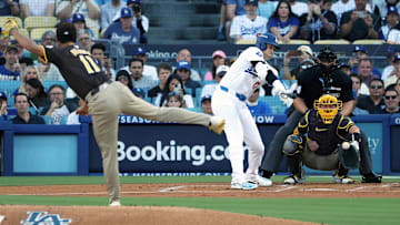 Oct 6, 2024; Los Angeles, California, USA; Los Angeles Dodgers designated hitter Shohei Ohtani (17) strikes out against San Diego Padres pitcher Yu Darvish (11) in the first inning during game two of the NLDS for the 2024 MLB Playoffs at Dodger Stadium.