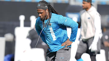 Aug 17, 2024; Charlotte, North Carolina, USA; Carolina Panthers wide receiver Diontae Johnson (5) warms up during pregame warm ups against the New York Jets at Bank of America Stadium.